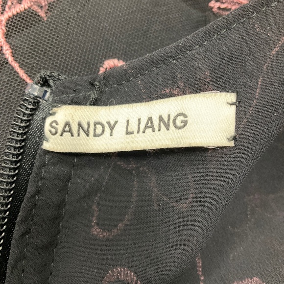 SANDY LIANG BLACK / PINK FLORAL EMBROIDERED MESH TULLE COCKTAIL DRESS - Picture 4 of 4